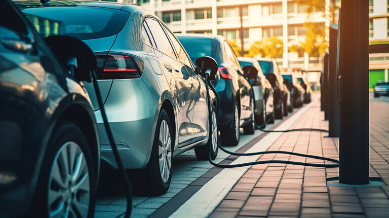 Public parking along the street with charging points for electric vehicles.