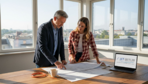 Ein Elektroingenieur unterstützt den Architekten bei der Planung des Gebäudes.