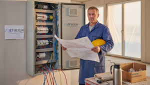 Ein Ingenieur prüft vor Ort auf der Baustelle die Elektropläne.