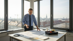 Der Projektleiter nimmt die Elektroplanung im Bauvorhaben genau unter die Lupe und überprüft sämtliche Pläne auf ihre Richtigkeit und Umsetzbarkeit.