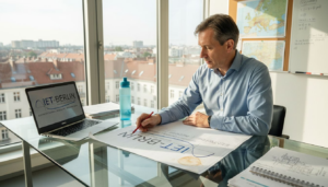 Ein Photovoltaik-Experte prüft Solaranlagen-Pläne in Berlin.