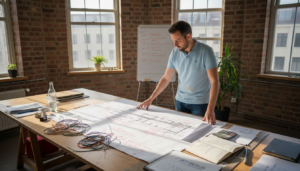 Ein Ingenieur prüft die Elektroplanung eines nachhaltigen Bauvorhabens.