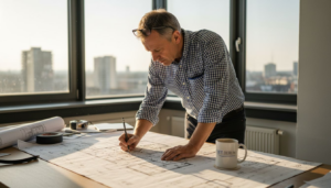 Ein Ingenieur prüft Baupläne im Projektoffice.