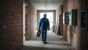 Ein Elektriker verlegt Kabel in einem Neubau in Berlin.