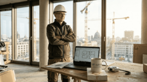 Ein Elektroingenieur begutachtet die Installationspläne direkt auf der Baustelle.