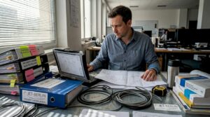 Am Schreibtisch nimmt der Projektleiter die Ausschreibungsunterlagen für die Elektrotechnik genau unter die Lupe.