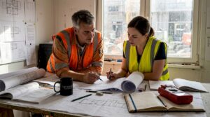 Am Planungstisch begutachten der Bauleiter und die Ingenieurin gemeinsam die Elektrozeichnungen.