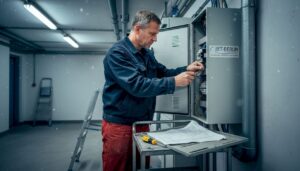 Ein Elektriker wirft im Technikraum einen prüfenden Blick auf den geöffneten Schaltschrank.