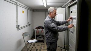 Ein Elektriker prüft einen geöffneten Sicherungskasten.