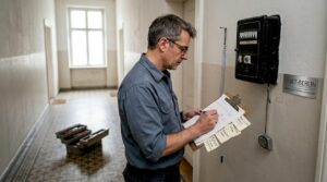Ein Ingenieur erfasst die vorhandene Elektroinstallation im Flur eines Altbaus.