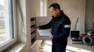 Ein Elektriker kontrolliert den Verteilerkasten auf der Baustelle.