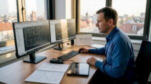 Ein Elektroingenieur erledigt seine Aufgaben digital am Schreibtisch im Büro.