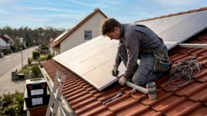 Ein Techniker montiert Solarmodule auf dem Hausdach.