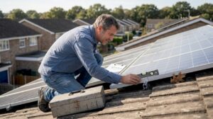 Ein Hausbesitzer überprüft, ob die Solarpanels auf dem Dach richtig ausgerichtet sind.