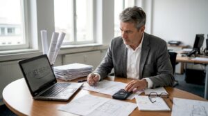 Im Büro nimmt sich der Projektleiter die aktuellen Baupläne genau vor.