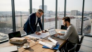 Ein Architekt und ein Projektleiter stimmen gemeinsam das Beleuchtungskonzept für ein Gebäude ab.