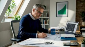 Ein Ingenieur begutachtet am Schreibtisch sorgfältig technische Schaltpläne.