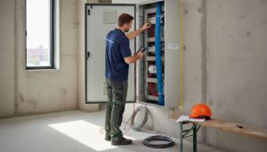Auf der Baustelle kontrolliert der Elektriker den Schaltschrank und stellt sicher, dass alles ordnungsgemäß funktioniert.