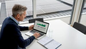 Im Wohnzimmer wirft der Hauseigentümer einen Blick auf die aktuellen Solarstromwerte.