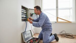 Ein Elektriker führt Arbeiten am Sicherungskasten im Flur eines Altbaus durch.