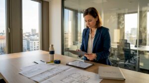Ein Architekt überprüft die Pläne für die Gebäudeautomation.