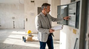 Der Bauherr nimmt die Elektroinstallation auf der Baustelle genau unter die Lupe.