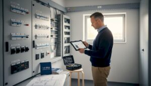 Der Gebäudemanager überprüft die Steuerung der Haustechnik auf dem Tablet.
