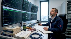 Ein Ingenieur überwacht die Anlagen und Systeme in der Leitwarte.