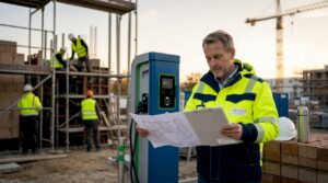 Der Bauleiter begutachtet die Baupläne für die Installation einer Elektro-Ladestation direkt vor Ort auf der Baustelle.