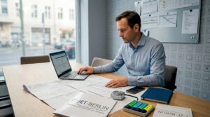 Der Projektleiter geht im Büro gemeinsam mit dem Team die Elektropläne durch.