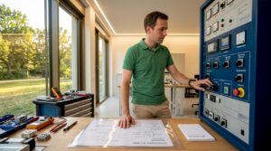 Ein Techniker überprüft das Steuerpult, während draußen vor der Wohnung Bauarbeiten stattfinden.