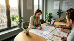 Das Team bespricht die Energieversorgung im Baubüro.