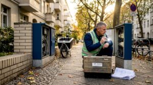 Ein Ingenieur überprüft den Stromverteiler am Straßenrand.