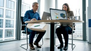 Fachplaner tauschen sich am Laptop über das Monitoring der Gebäudetechnik aus.