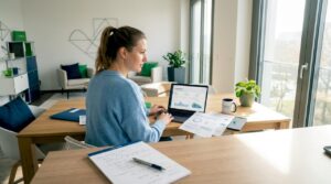 Eine Frau sitzt am Küchentisch und überprüft die aktuellen Energieverbrauchsdaten auf ihrem Dashboard.