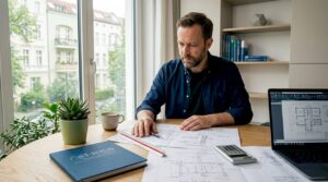 Ein Bauingenieur begutachtet am Schreibtisch detailliert die Baupläne.
