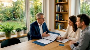 Ein Energieberater besucht Hausbesitzer und gibt direkt vor Ort Tipps, wie sie ihren Energieverbrauch senken können.