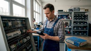Ein Fachmann überprüft einen industriellen Schaltschrank auf seine einwandfreie Funktion.