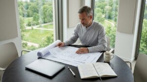Ein TGA-Planungsingenieur bei der Arbeit am Schreibtisch