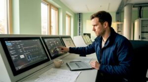 Ein Techniker überwacht die Gebäudeleittechnik.