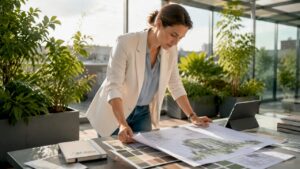 Ein Architekt prüft die Entwürfe für ein nachhaltiges Bauvorhaben.