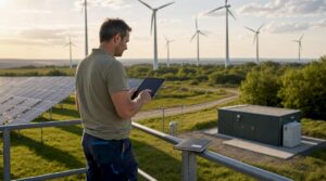 Ein Ingenieur begutachtet Anlagen zur Nutzung von Solar- und Windenergie.
