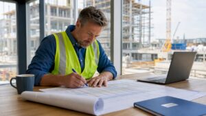 Die Projektkoordinatorin prüft den Bauzeitenplan im Bürocontainer auf der Baustelle.