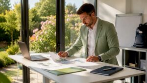 Eine Technikerin sichtet und prüft Energiedokumente an ihrem Schreibtisch.