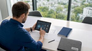 Ein Ingenieur steuert die Gebäudetechnik über ein Tablet.