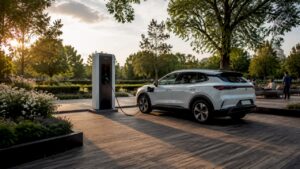 Ein Elektroauto steht an einer Ladestation im Freien und wird gerade aufgeladen.
