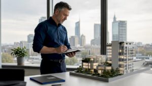 Ein Architekt arbeitet im Büro und betrachtet ein Modell eines modernen Smart Buildings.