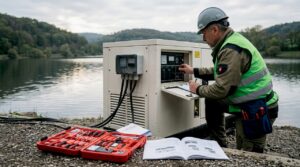Ein Techniker führt auf der Baustelle eine Kontrolle der Notstromanlage durch.