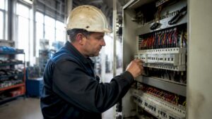 Ein Elektroniker führt eine Kontrolle der Hauptverteilung für die Niederspannung durch.