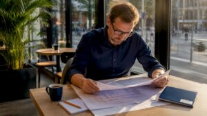 Ein TGA-Fachplaner prüft die technischen Gebäudepläne auf ihre Umsetzbarkeit und Funktionalität.